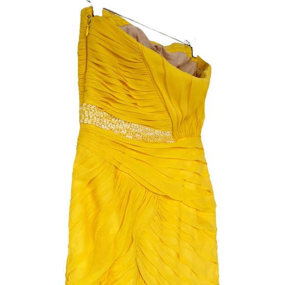 Monique Lhuillier 100% Silk Bright Yellow Beaded Strapless Mini Dress Size 8 - Picture 8 of 11
